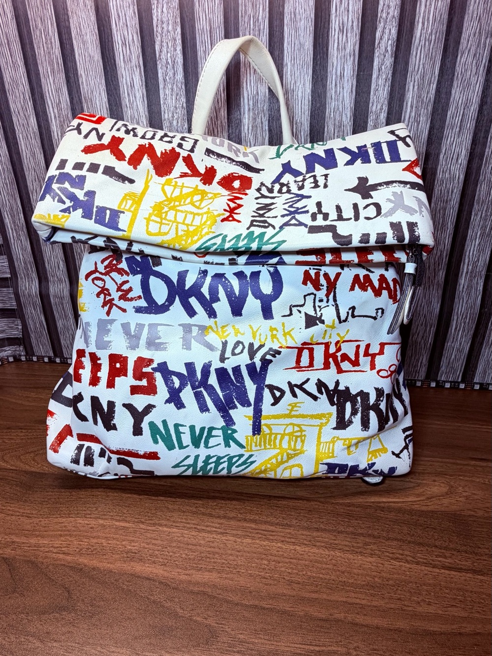 DKNY White Canvas Backpack with Multicolor Graffiti Print
